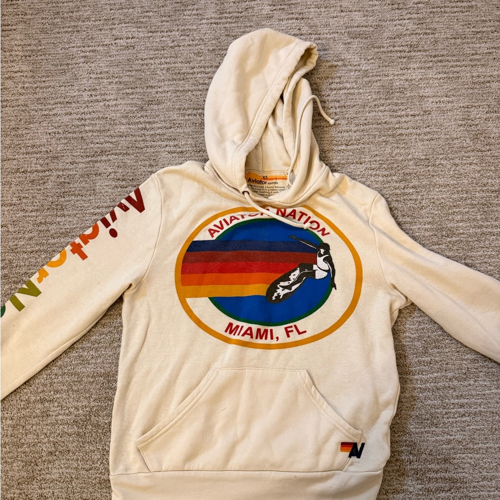 Aviator Nation Cream Hoodie with Rainbow Detail